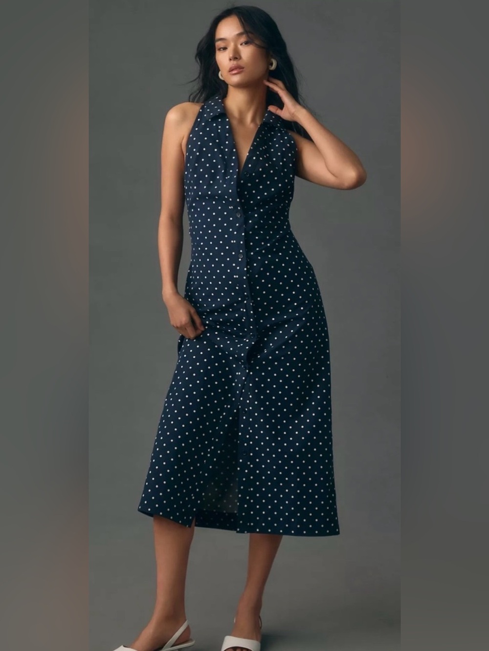 Maeve Navy and White Polka Dot Halter Midi Dress